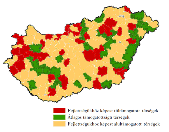 Az EU-támogatások aránya és a&nbsp;fejlettség mértéke – támogatott térségek