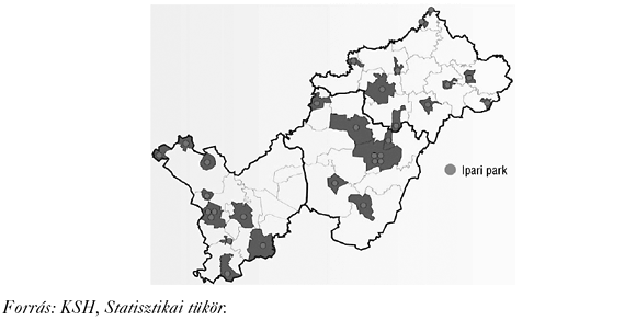 1. ábra: Az Észak-alföldi régió ipari parkkal rendelkező települései 2009-ben