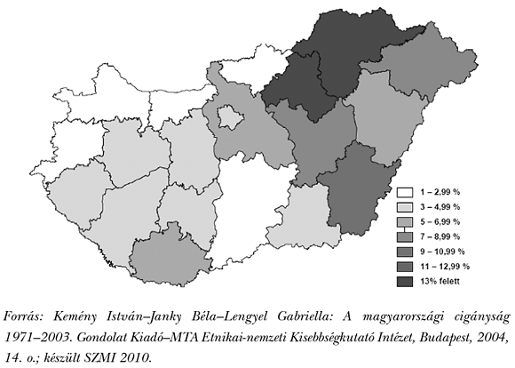 1. ábra: A cigányság aránya az állandó népességhez képest megyénként, 2003.