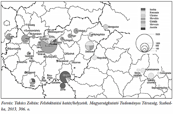 1. ábra: A&nbsp;magyar felsőoktatás Kárpát-medencei hálózatának térképe